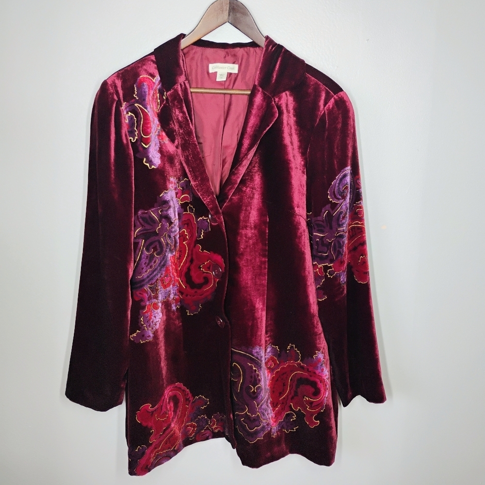 Coldwater Creek Paisley Velvet Blazer Burgundy‎ Art To Wear Bohemian Womens 16